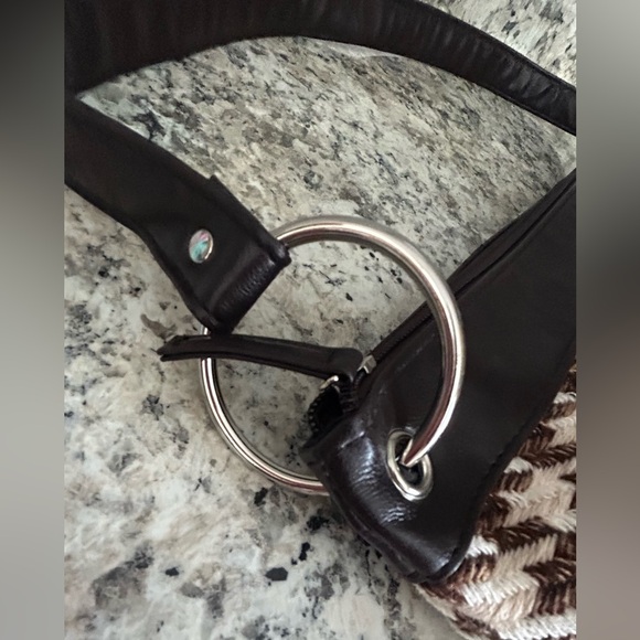 Vintage Houndstooth Fashion Express Brown Cream Satchel Bag Purse Heart Pocket - Picture 7 of 14